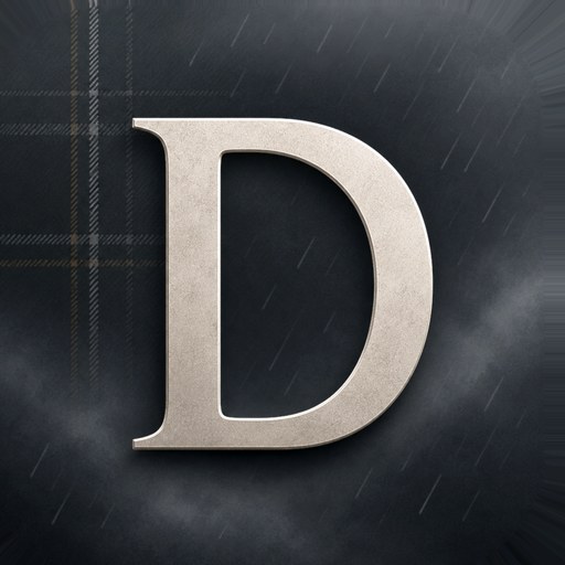 Dreich app icon: a stone letter D on a dark tartan sky
