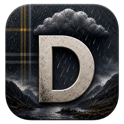 Dreich app icon — a stone letter D under a raincloud in a Highland glen