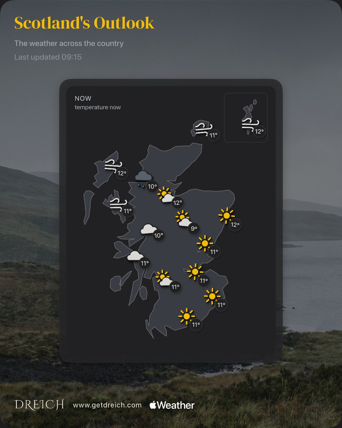 Scotland's Outlook share card: a map of Scotland with fifteen places each showing its own weather and temperature