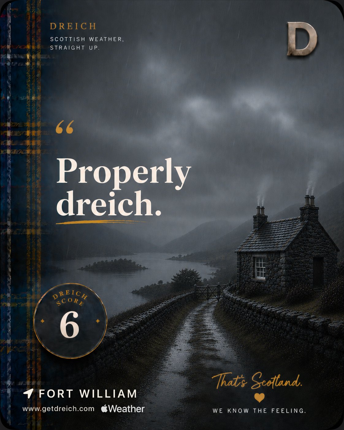 Dreich Score share card: Fort William scores 6, Properly dreich, a stone cottage and a wet track under a heavy sky