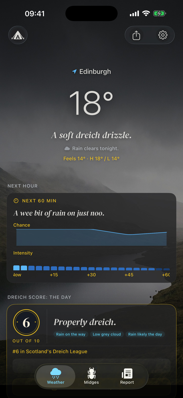 Dreich app — the day's weather and Dreich Score for Edinburgh