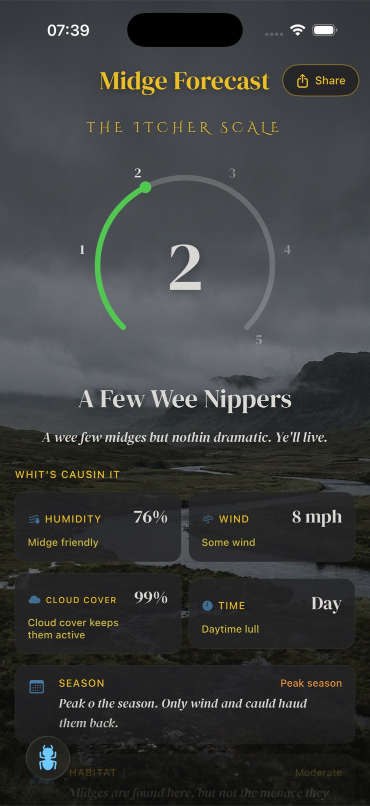 Dreich app: the Midge Forecast on the Itcher Scale, reading 2, A Few Wee Nippers