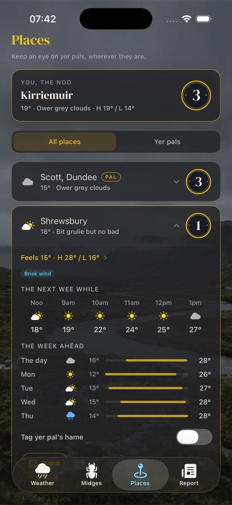 Dreich app: the Places tab, keeping an eye on yer pals in Dundee and Shrewsbury