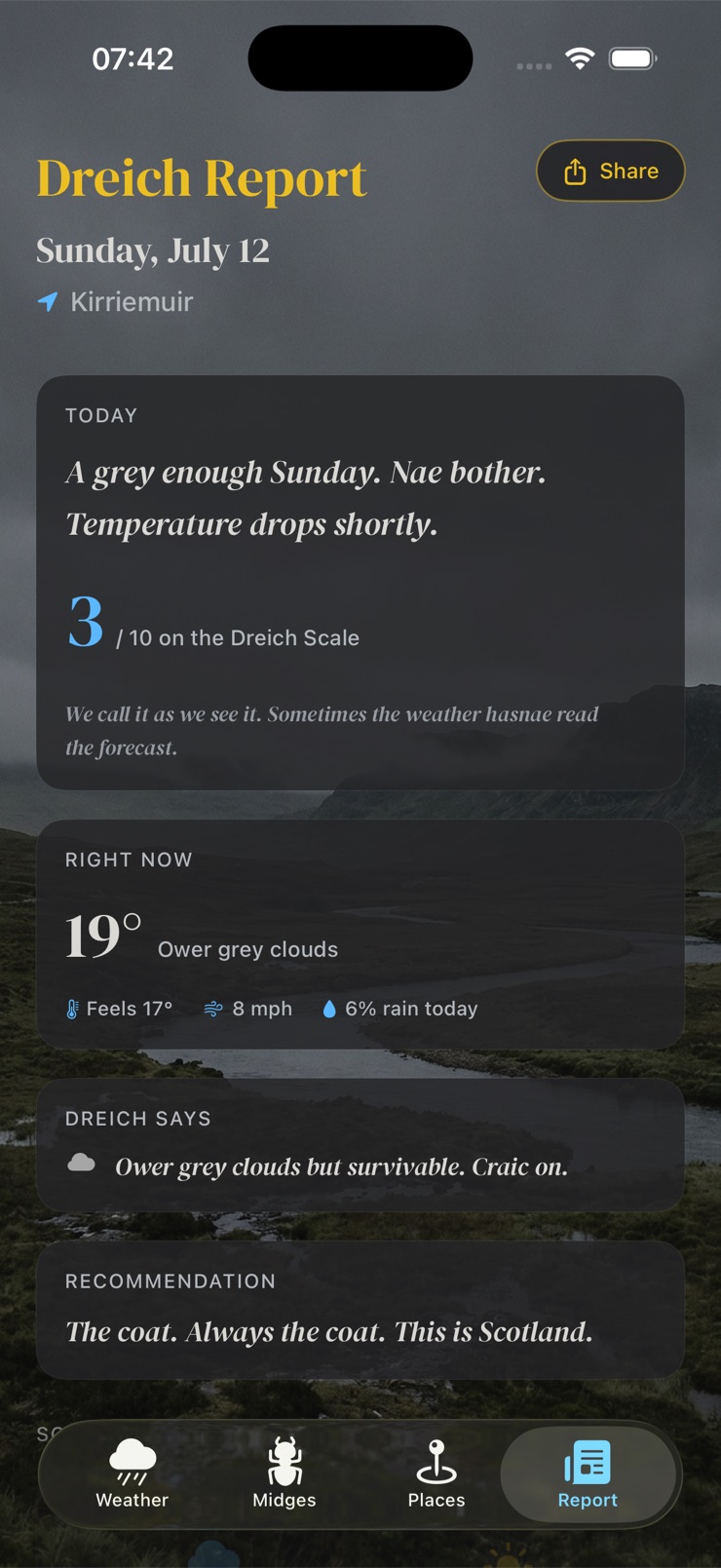 Dreich app: the daily Dreich Report for Kirriemuir, a grey enough Sunday scored 3 out of 10