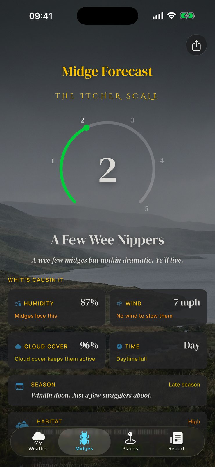 Dreich app: the Midge Forecast on the Itcher Scale reading 2, A Few Wee Nippers, late in the season