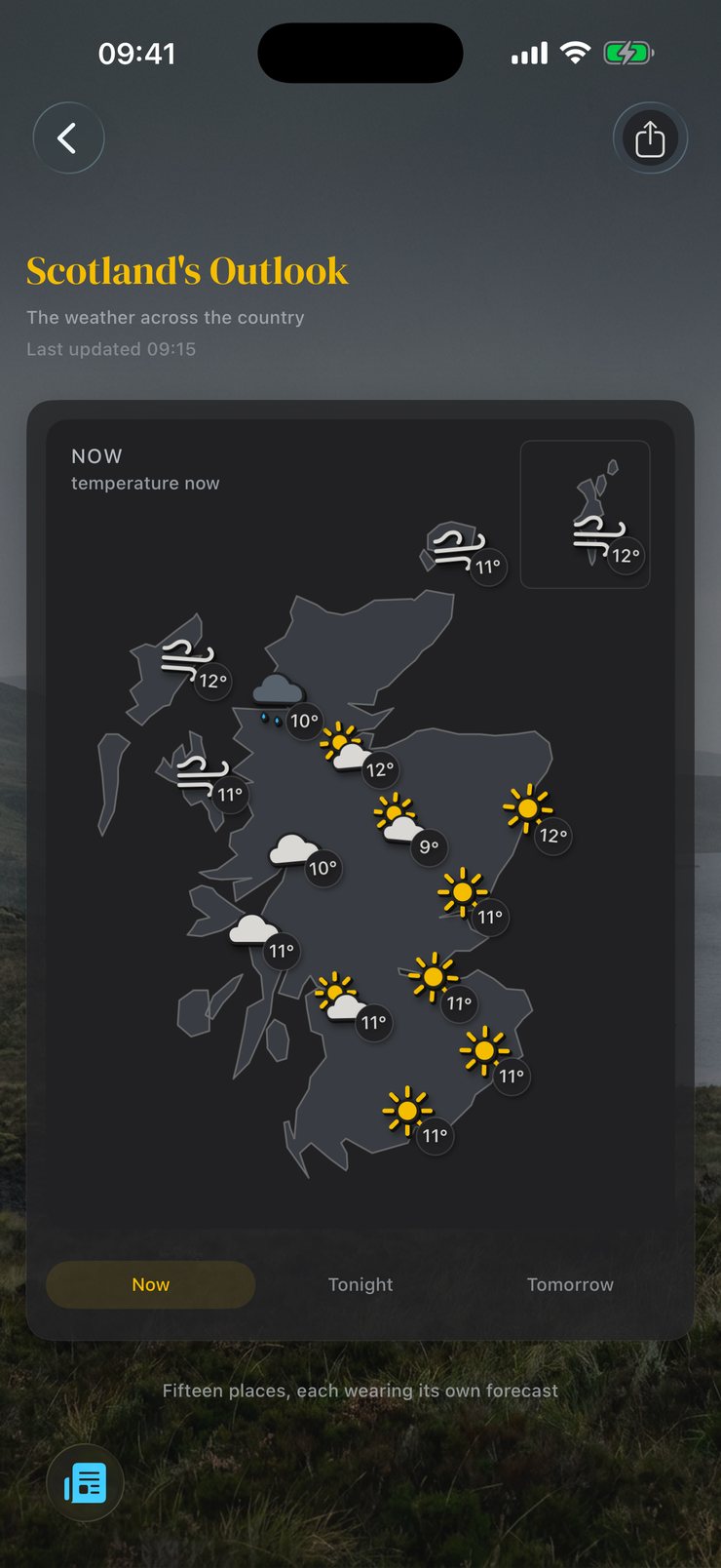Dreich app: Scotland's Outlook, fifteen places on a map of Scotland each showing its own weather and temperature