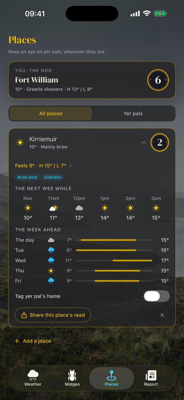Dreich app: Places, Fort William scoring 6 beside a pal in Kirriemuir scoring 2, mainly braw
