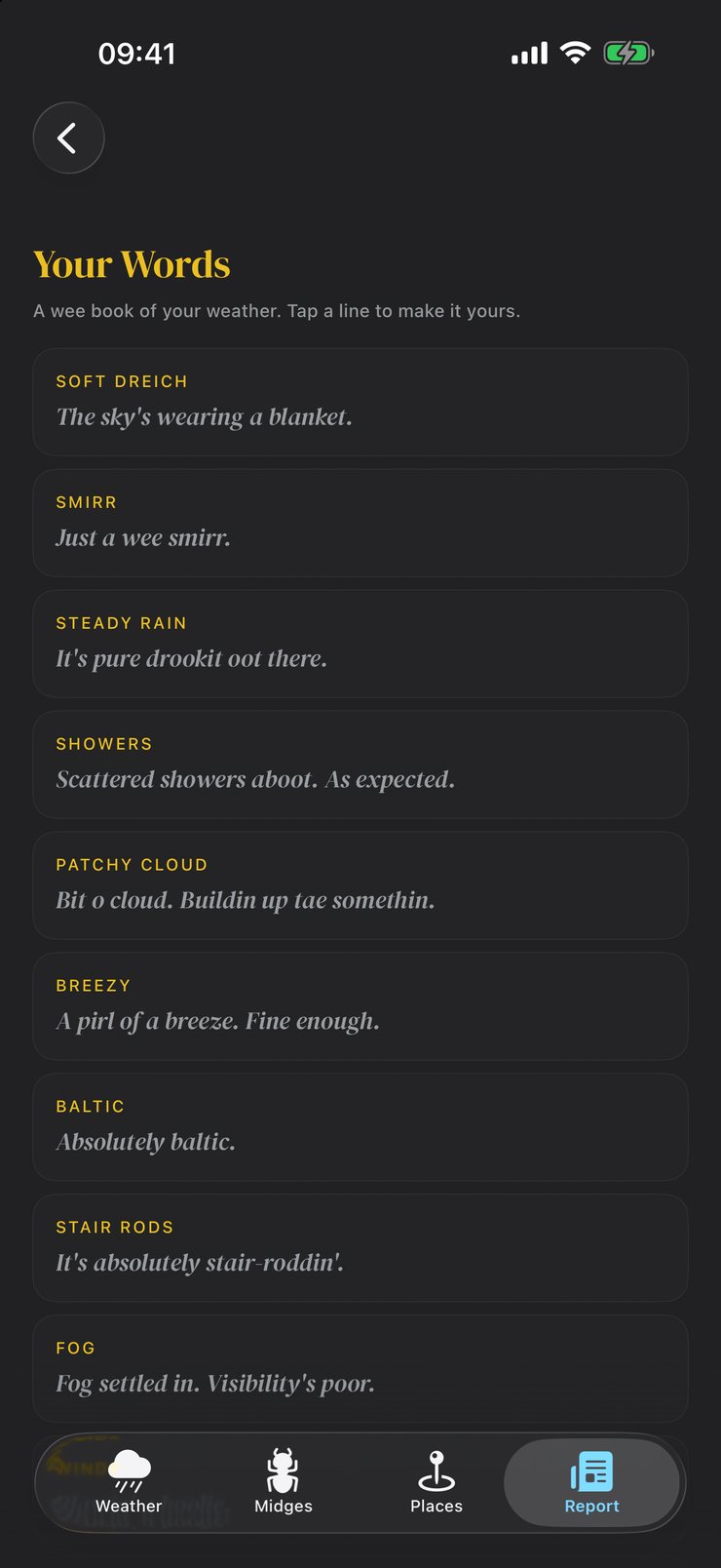 Dreich app: Your Words, a list of weather conditions each with a line to make your own