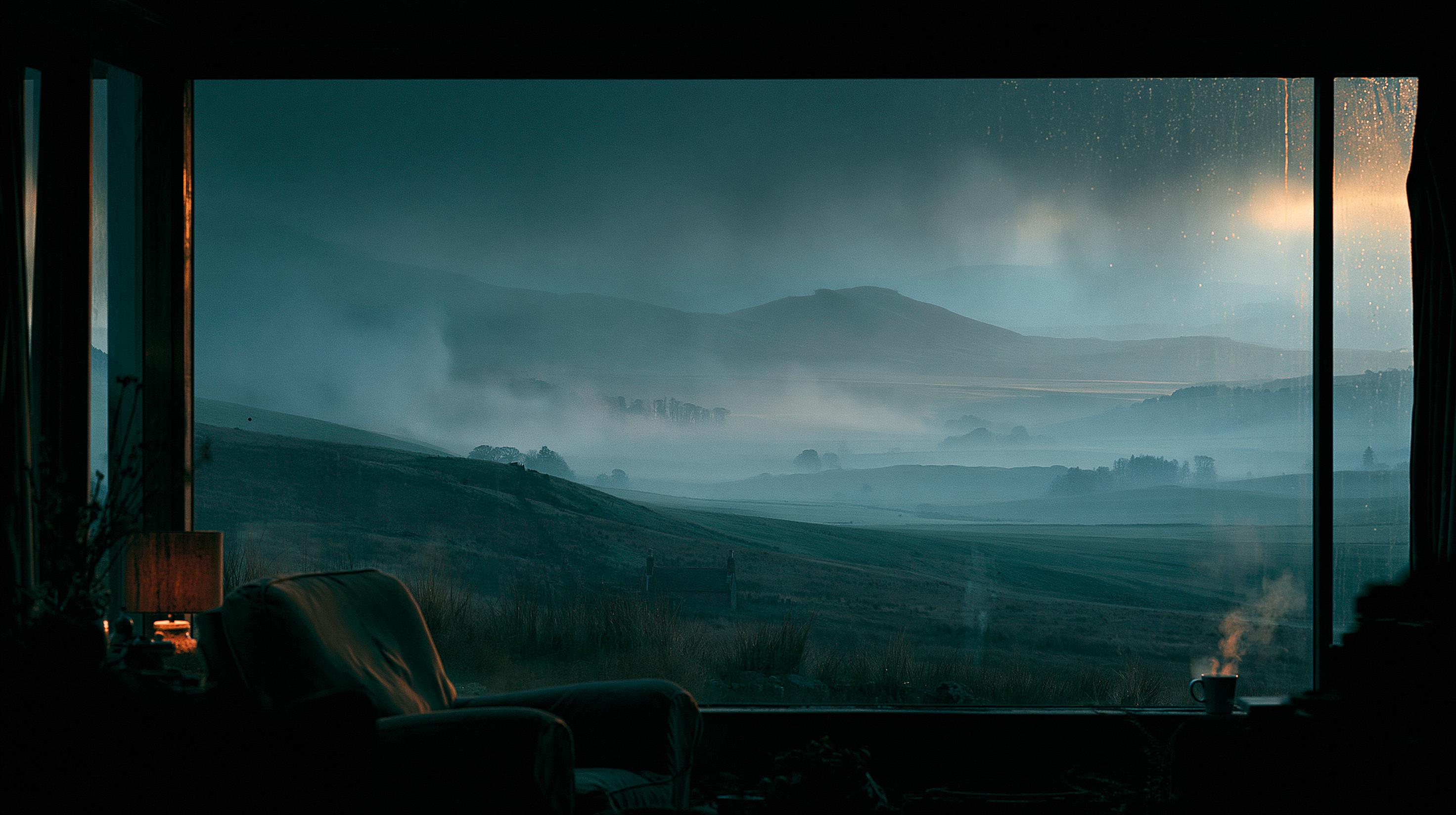 A warm room with an armchair and a lamp, looking out through a rain-streaked window over a misty valley